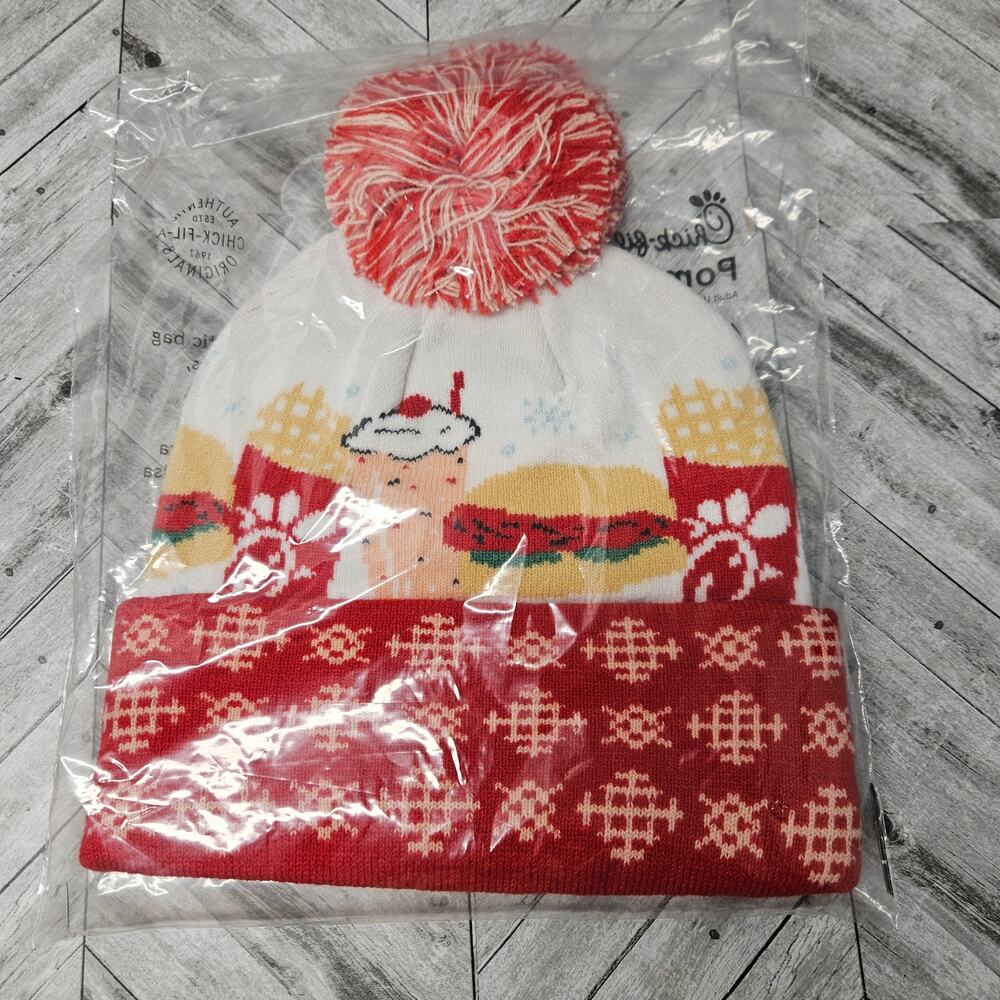Chick-Fil-A Beanie Knit Pom Pom Chicken Sandwich Fries Print Winter Christmas